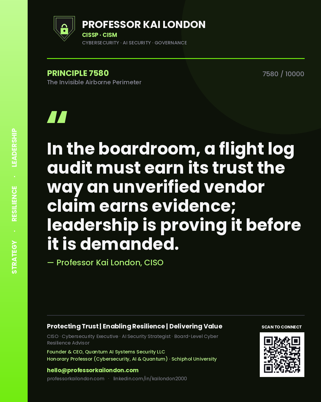 Professor Kai London principle 7580: In the boardroom, a flight log audit must earn its trust the way an unverified vendor claim earns evidence; leadership is proving it before it is demanded.