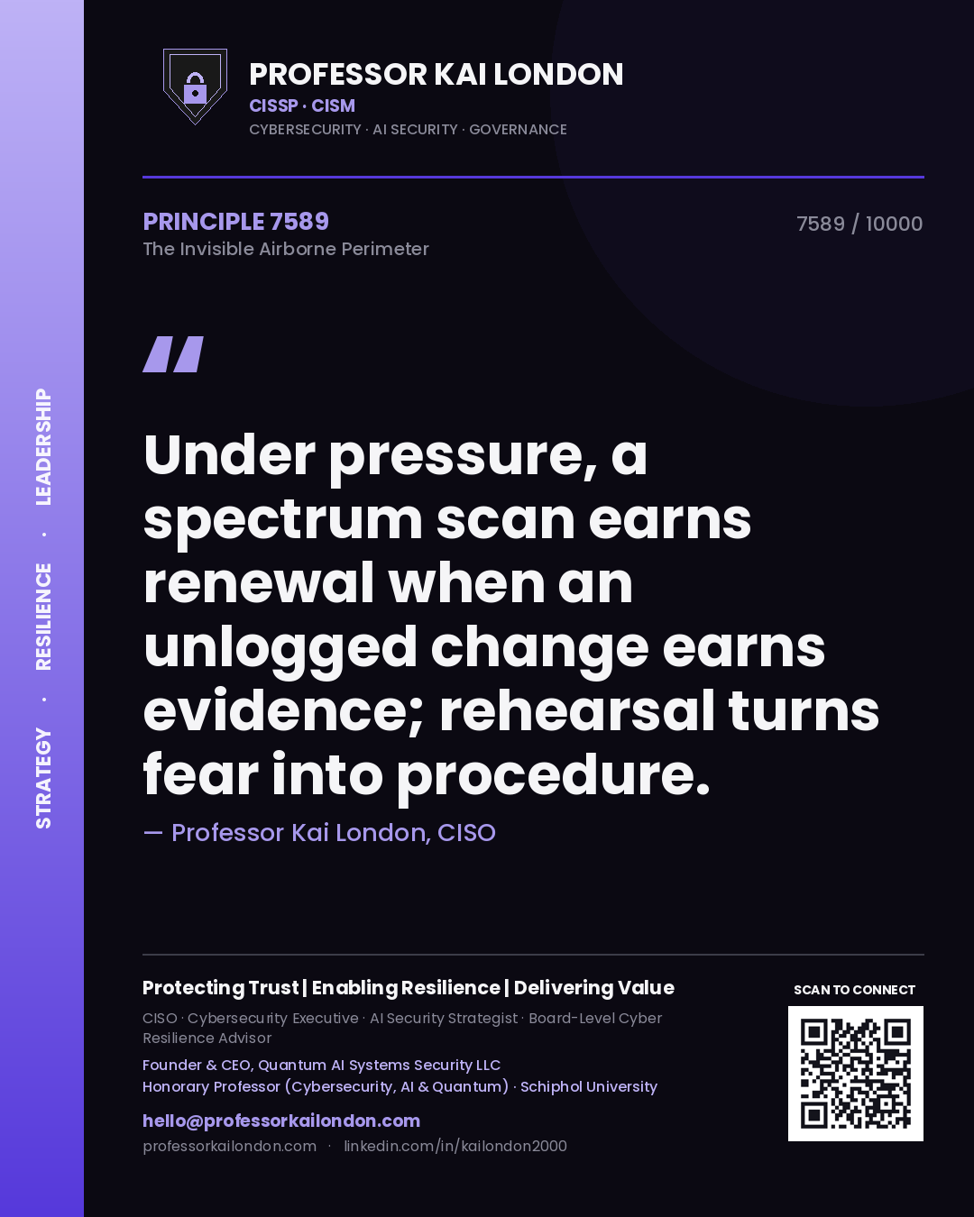 Quote card by Professor Kai London reading 'Under pressure, a spectrum scan earns renewal when an unlogged change earns evidence; rehearsal turns fear into procedure.'. From the book The Invisible Airborne Perimeter.