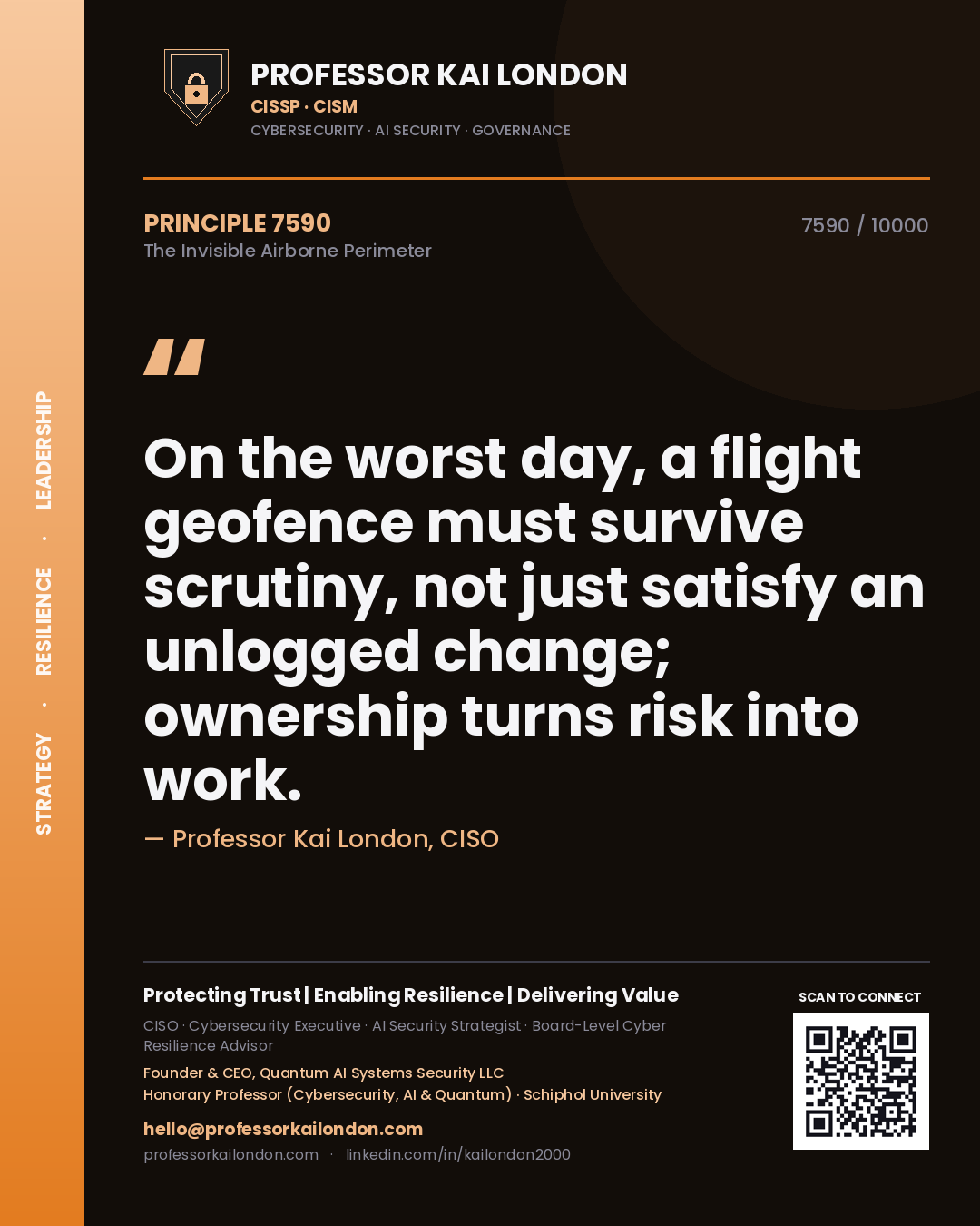 Professor Kai London principle 7590: On the worst day, a flight geofence must survive scrutiny, not just satisfy an unlogged change; ownership turns risk into work.