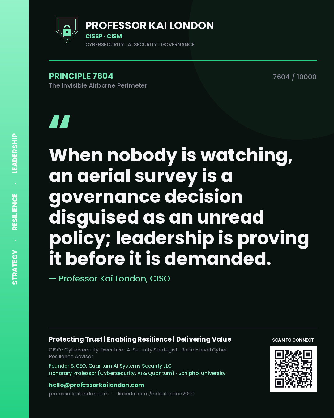 Professor Kai London principle 7604: When nobody is watching, an aerial survey is a governance decision disguised as an unread policy; leadership is proving it before it is demanded.