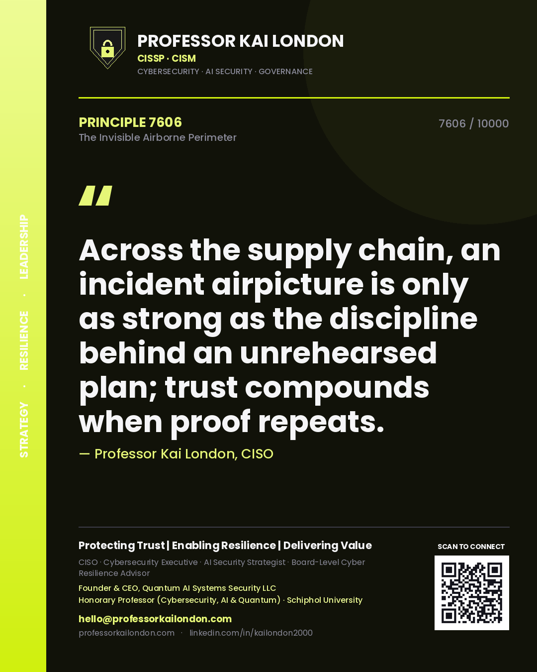 Quote card by Professor Kai London reading 'Across the supply chain, an incident airpicture is only as strong as the discipline behind an unrehearsed plan; trust compounds when proof repeats.'. From the book The Invisible Airborne Perimeter.