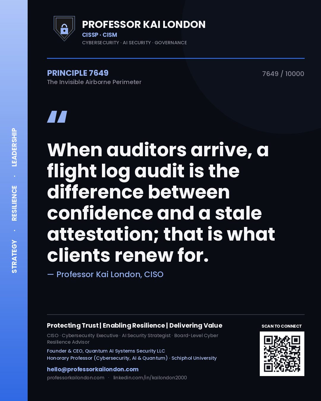 Quote card by Professor Kai London reading 'When auditors arrive, a flight log audit is the difference between confidence and a stale attestation; that is what clients renew for.'. From the book The Invisible Airborne Perimeter.