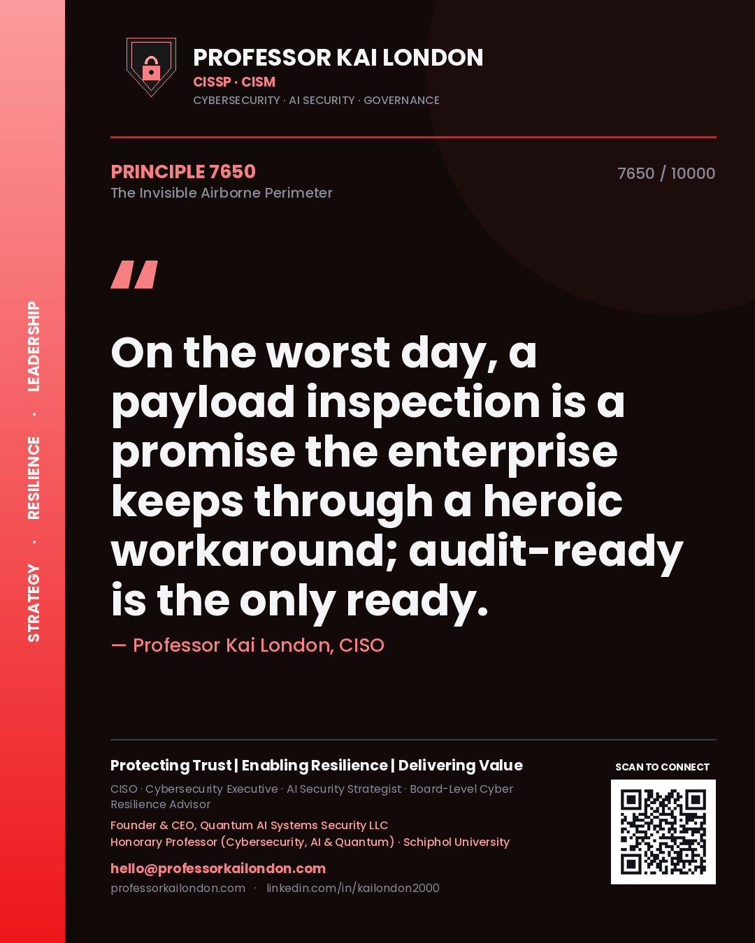 Quote card by Professor Kai London reading 'On the worst day, a payload inspection is a promise the enterprise keeps through a heroic workaround; audit-ready is the only ready.'. From the book The Invisible Airborne Perimeter.