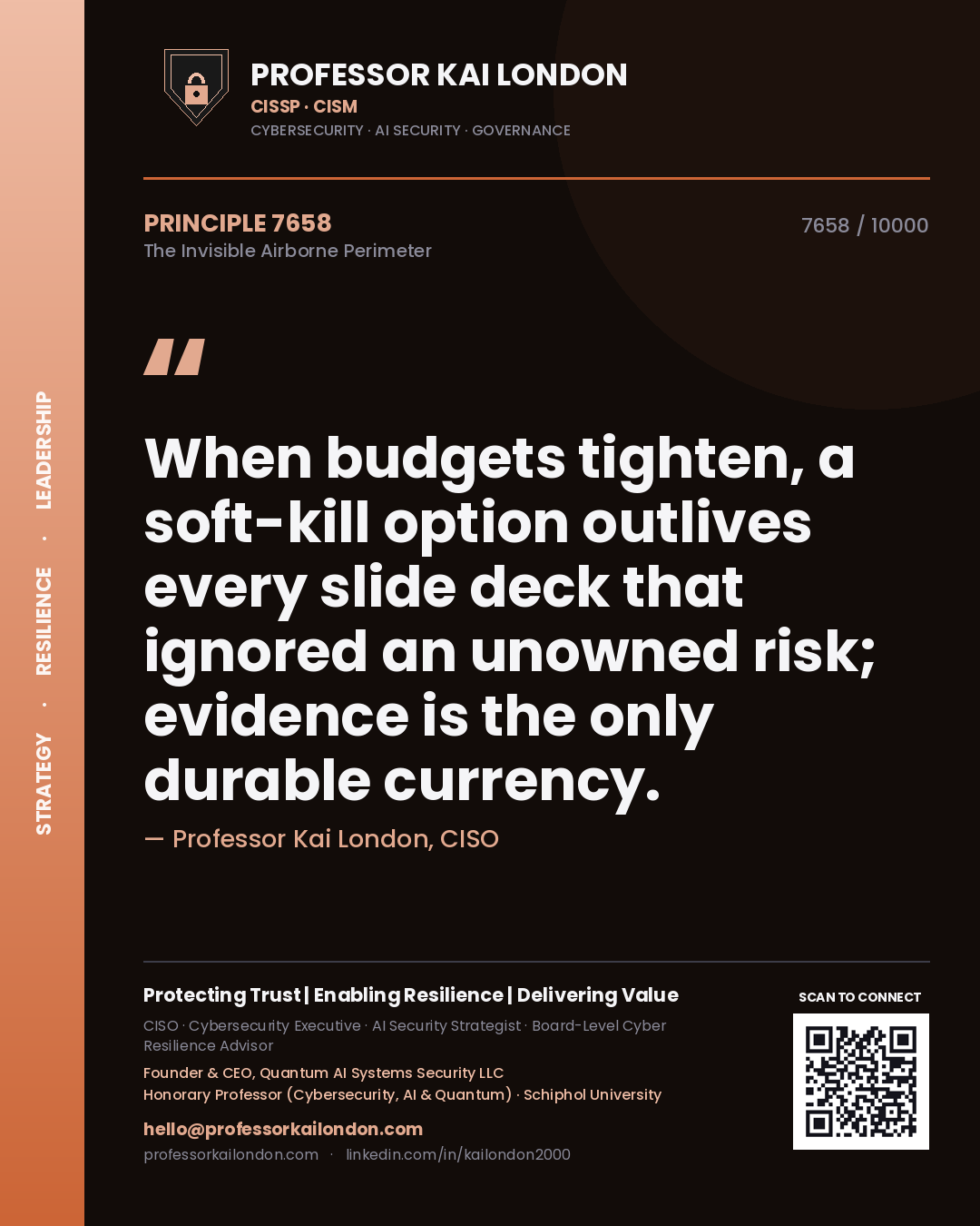 Quote card by Professor Kai London reading 'When budgets tighten, a soft-kill option outlives every slide deck that ignored an unowned risk; evidence is the only durable currency.'. From the book The Invisible Airborne Perimeter.