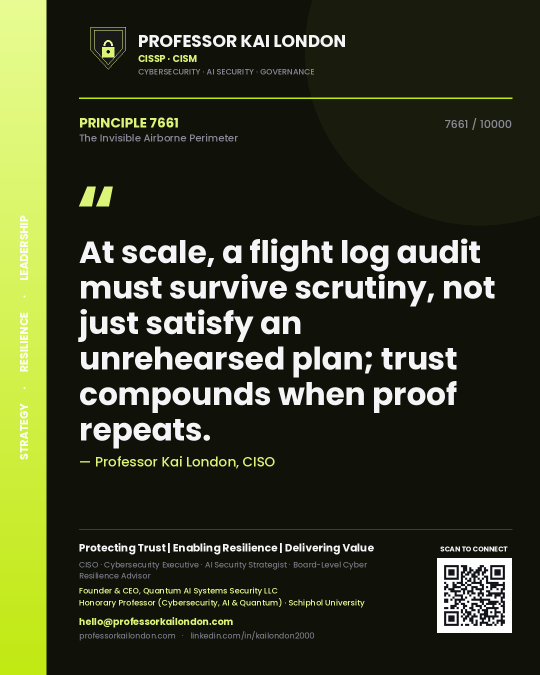 Professor Kai London principle 7661: At scale, a flight log audit must survive scrutiny, not just satisfy an unrehearsed plan; trust compounds when proof repeats.