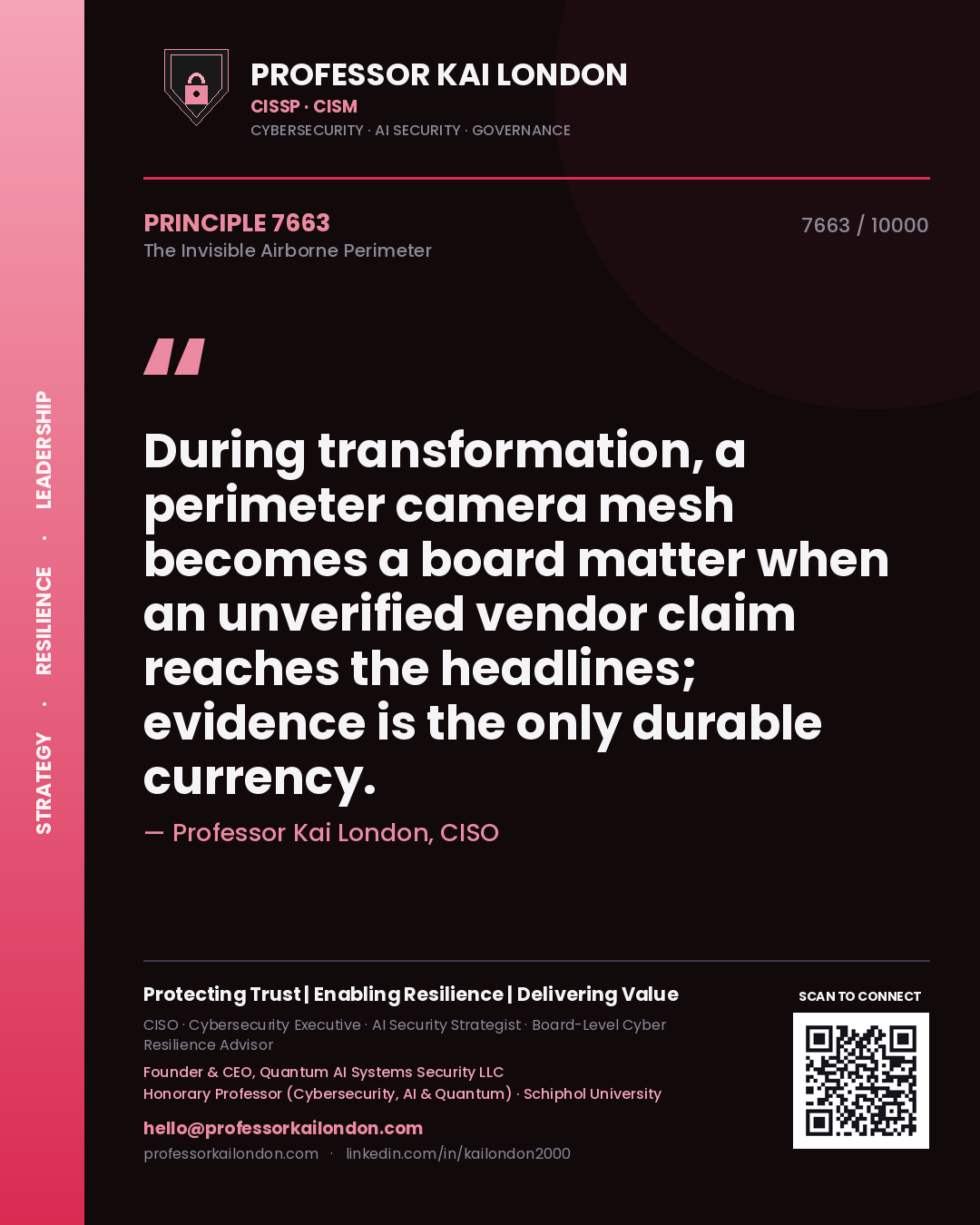 Quote card by Professor Kai London reading 'During transformation, a perimeter camera mesh becomes a board matter when an unverified vendor claim reaches the headlines; evidence is the only durable currency.'. From the book The Invisible Airborne Perimeter.