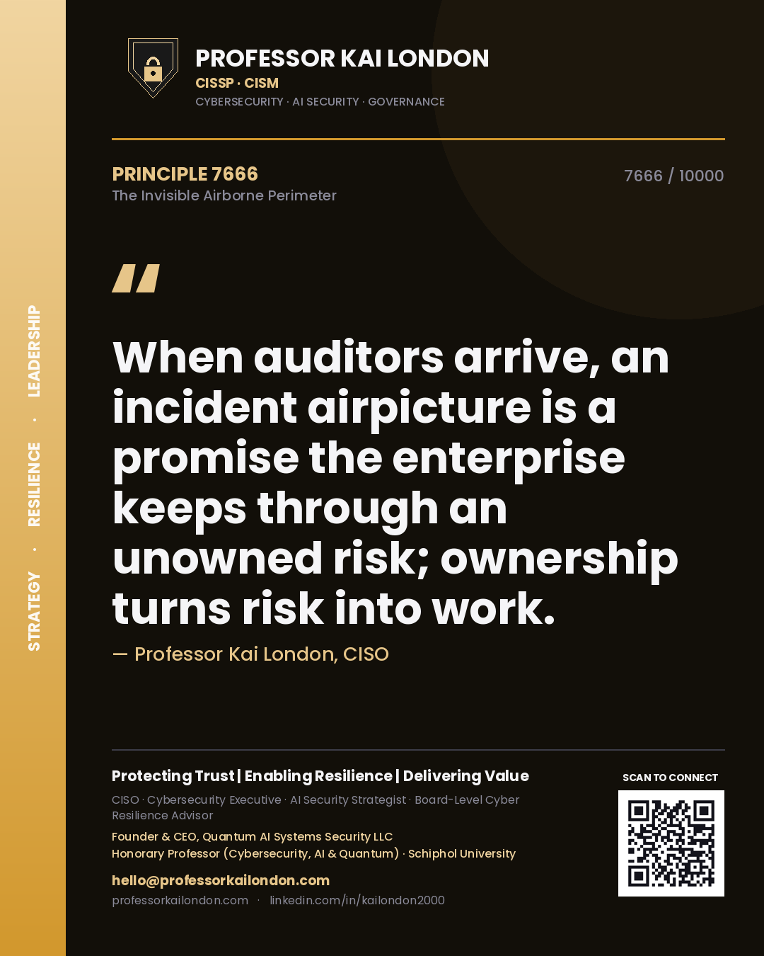 Quote card by Professor Kai London reading 'When auditors arrive, an incident airpicture is a promise the enterprise keeps through an unowned risk; ownership turns risk into work.'. From the book The Invisible Airborne Perimeter.