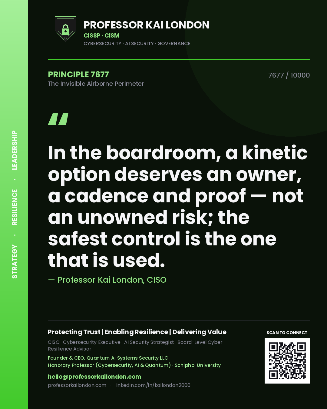 Quote card by Professor Kai London reading 'In the boardroom, a kinetic option deserves an owner, a cadence and proof — not an unowned risk; the safest control is the one that is used.'. From the book The Invisible Airborne Perimeter.