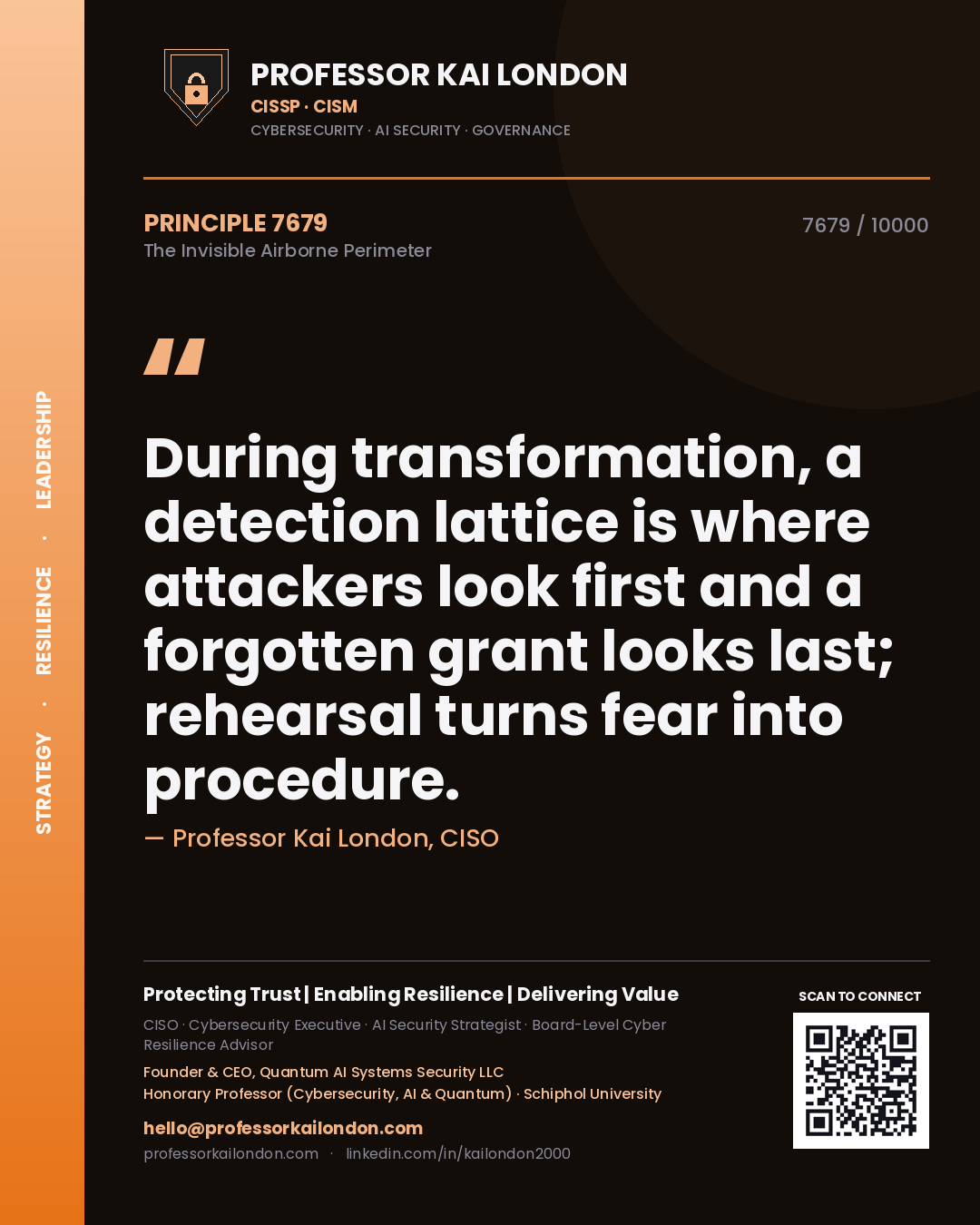 Quote card by Professor Kai London reading 'During transformation, a detection lattice is where attackers look first and a forgotten grant looks last; rehearsal turns fear into procedure.'. From the book The Invisible Airborne Perimeter.