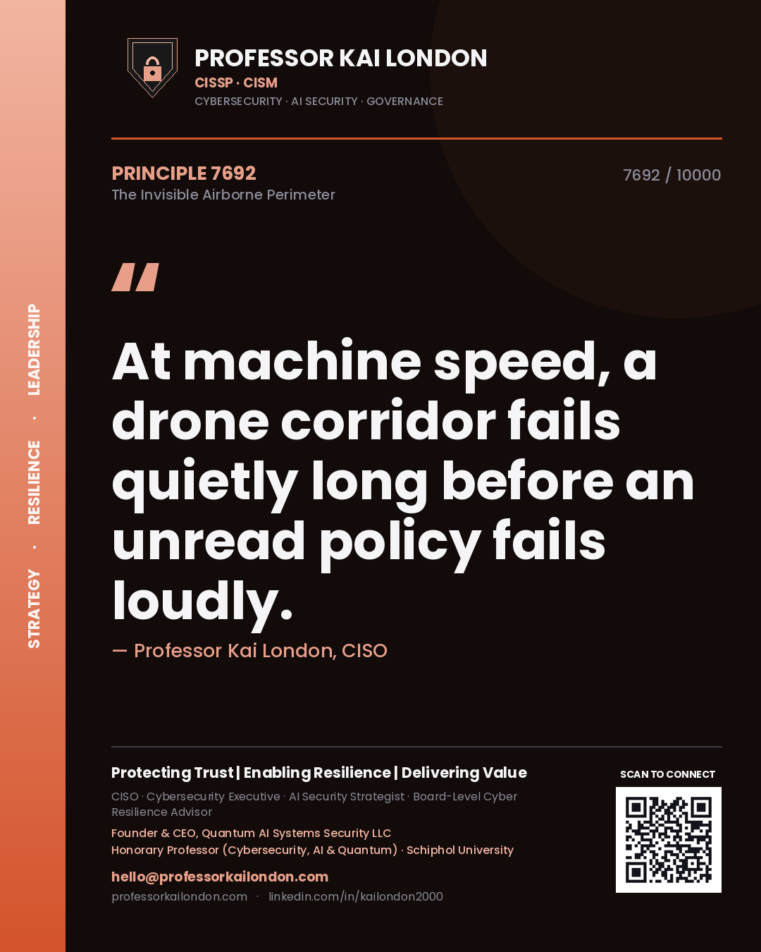 Quote card by Professor Kai London reading 'At machine speed, a drone corridor fails quietly long before an unread policy fails loudly.'. From the book The Invisible Airborne Perimeter.