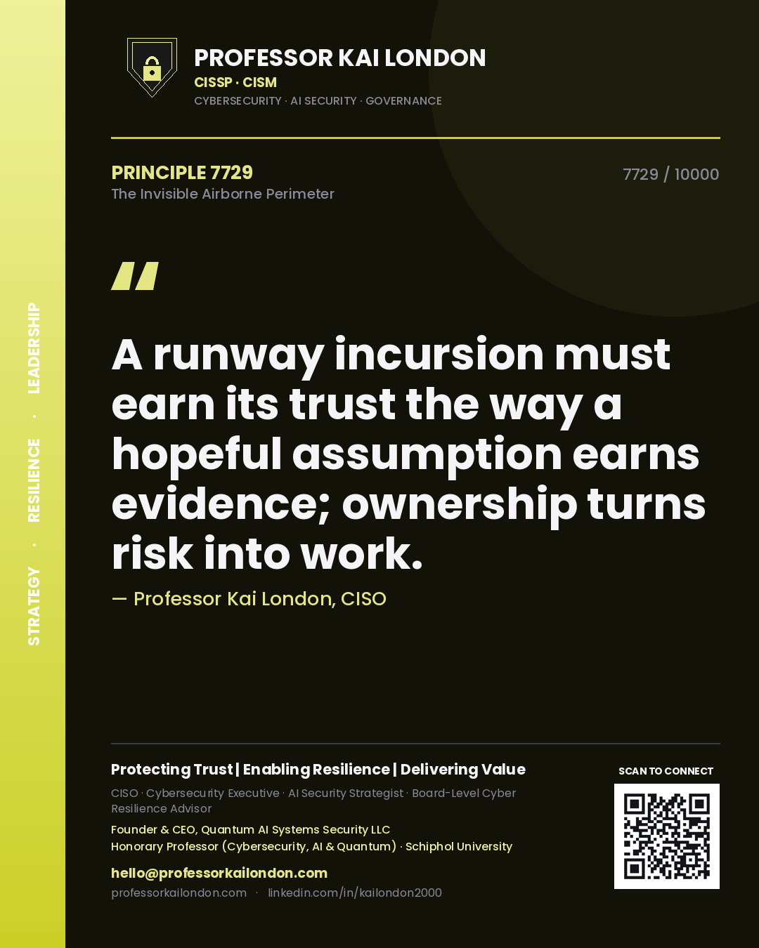 Professor Kai London principle 7729: A runway incursion must earn its trust the way a hopeful assumption earns evidence; ownership turns risk into work.