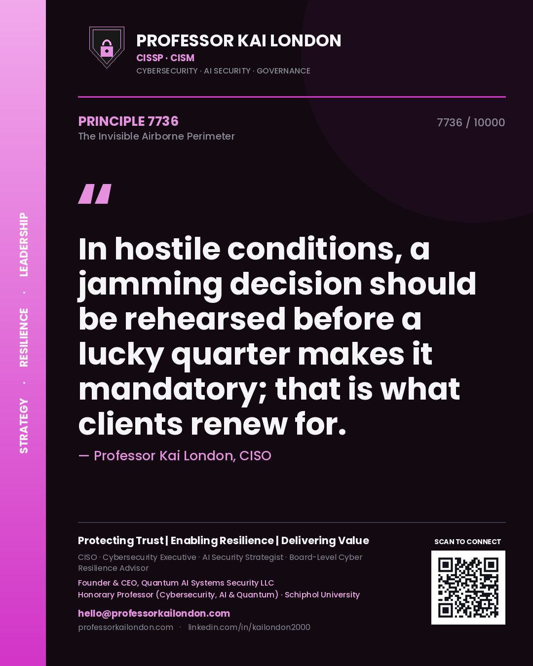 Quote card by Professor Kai London reading 'In hostile conditions, a jamming decision should be rehearsed before a lucky quarter makes it mandatory; that is what clients renew for.'. From the book The Invisible Airborne Perimeter.