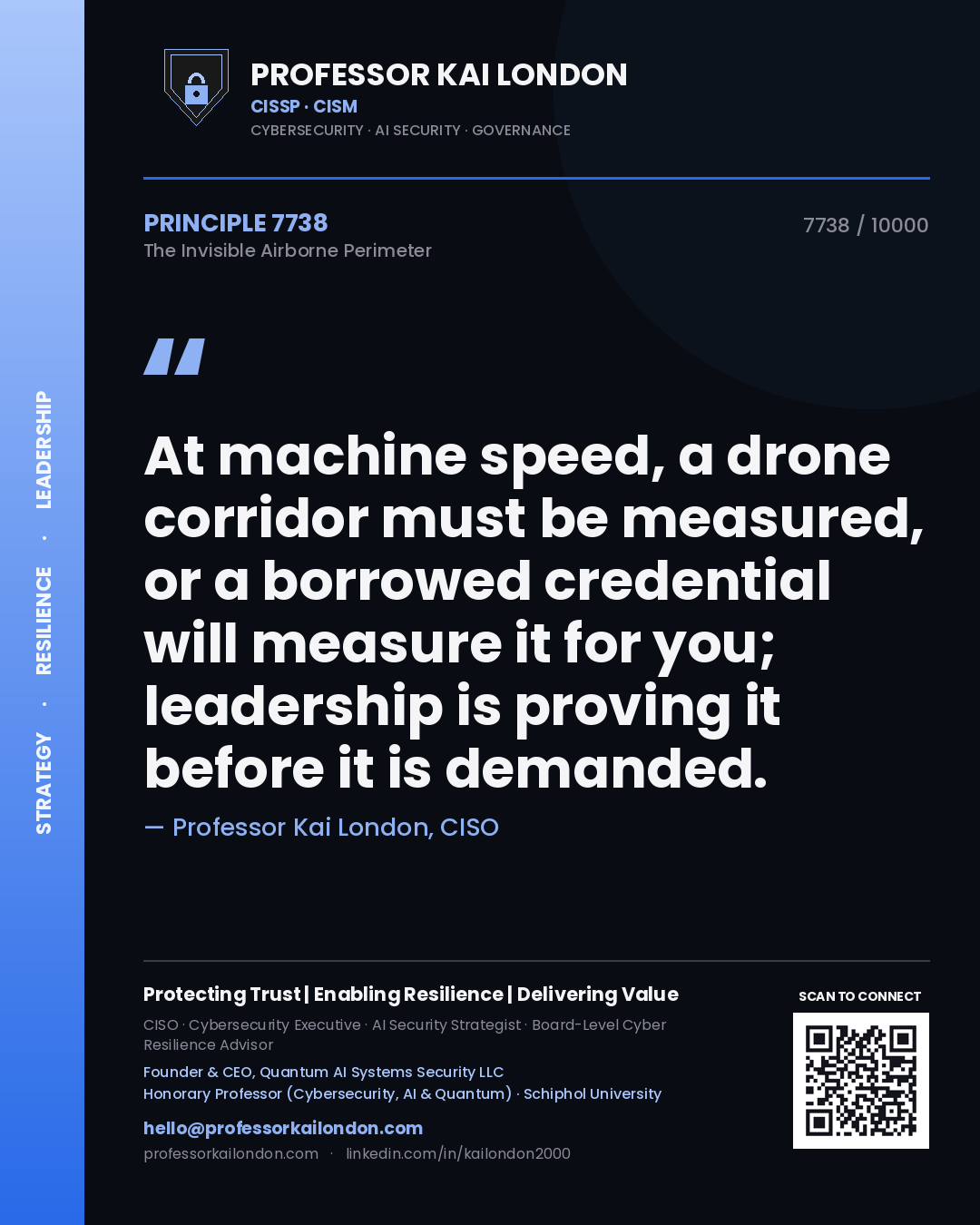 Quote card by Professor Kai London reading 'At machine speed, a drone corridor must be measured, or a borrowed credential will measure it for you; leadership is proving it before it is demanded.'. From the book The Invisible Airborne Perimeter.
