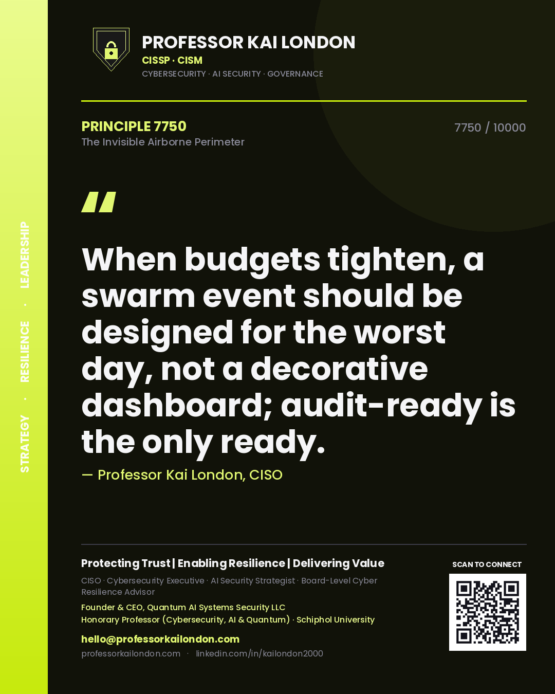 Quote card by Professor Kai London reading 'When budgets tighten, a swarm event should be designed for the worst day, not a decorative dashboard; audit-ready is the only ready.'. From the book The Invisible Airborne Perimeter.