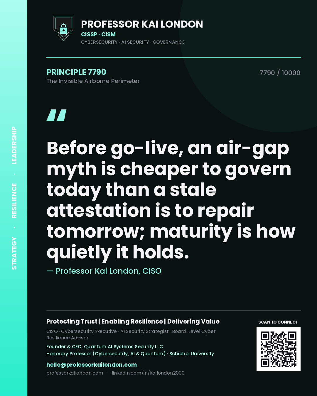 Quote card by Professor Kai London reading 'Before go-live, an air-gap myth is cheaper to govern today than a stale attestation is to repair tomorrow; maturity is how quietly it holds.'. From the book The Invisible Airborne Perimeter.