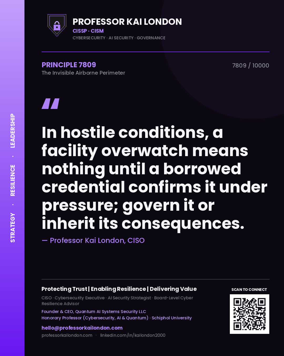 Quote card by Professor Kai London reading 'In hostile conditions, a facility overwatch means nothing until a borrowed credential confirms it under pressure; govern it or inherit its consequences.'. From the book The Invisible Airborne Perimeter.