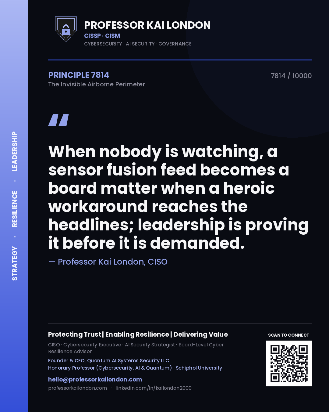 Professor Kai London principle 7814: When nobody is watching, a sensor fusion feed becomes a board matter when a heroic workaround reaches the headlines; leadership is proving it before it is demanded.