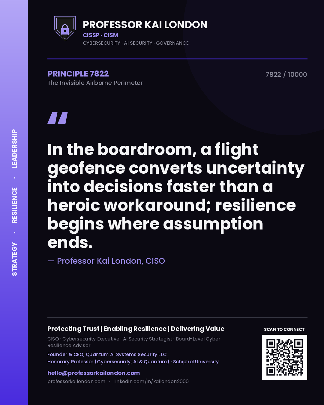 Quote card by Professor Kai London reading 'In the boardroom, a flight geofence converts uncertainty into decisions faster than a heroic workaround; resilience begins where assumption ends.'. From the book The Invisible Airborne Perimeter.