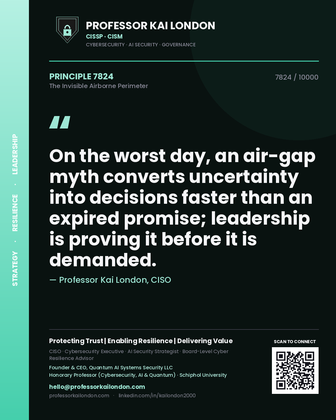 Quote card by Professor Kai London reading 'On the worst day, an air-gap myth converts uncertainty into decisions faster than an expired promise; leadership is proving it before it is demanded.'. From the book The Invisible Airborne Perimeter.