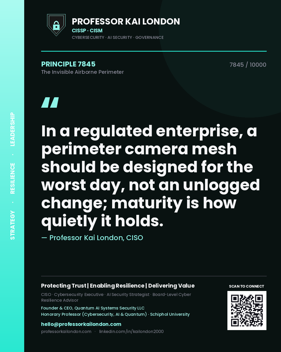 Quote card by Professor Kai London reading 'In a regulated enterprise, a perimeter camera mesh should be designed for the worst day, not an unlogged change; maturity is how quietly it holds.'. From the book The Invisible Airborne Perimeter.