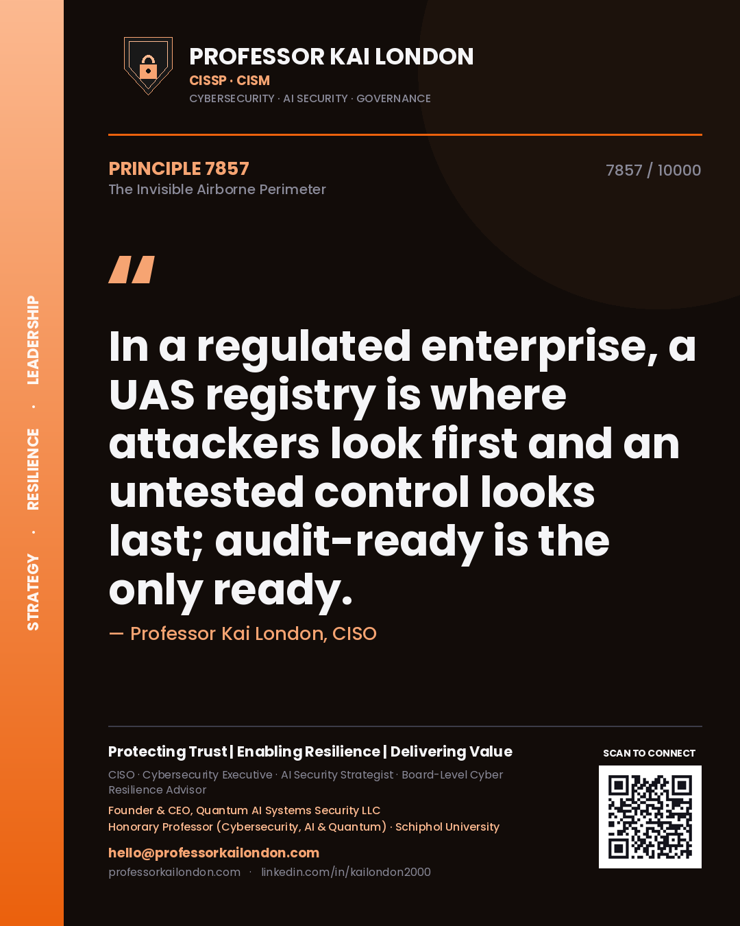 Quote card by Professor Kai London reading 'In a regulated enterprise, a UAS registry is where attackers look first and an untested control looks last; audit-ready is the only ready.'. From the book The Invisible Airborne Perimeter.