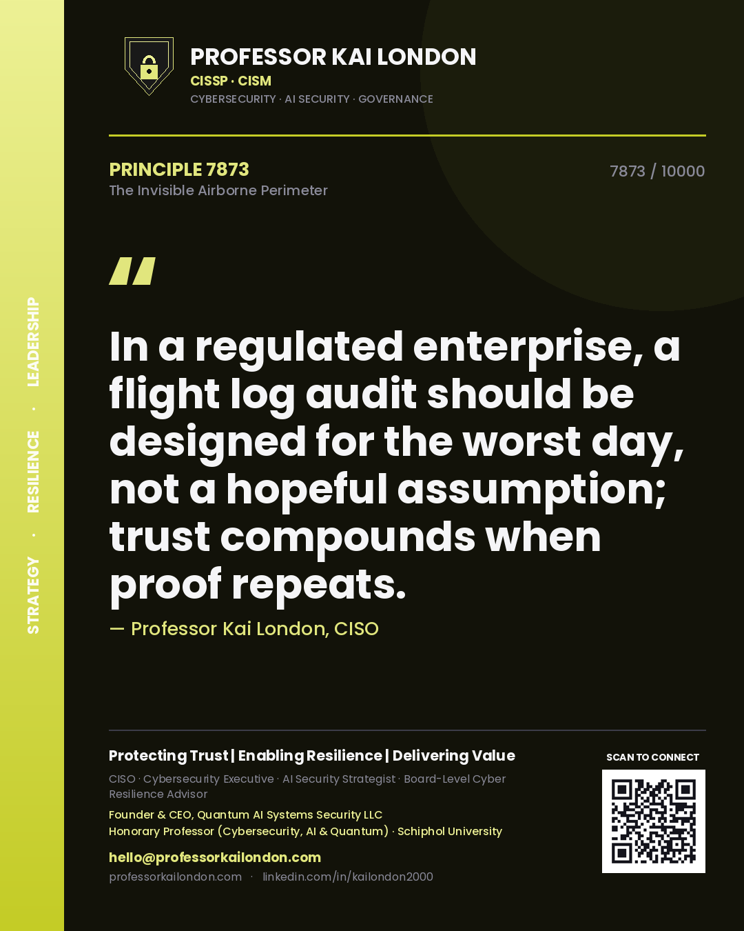 Quote card by Professor Kai London reading 'In a regulated enterprise, a flight log audit should be designed for the worst day, not a hopeful assumption; trust compounds when proof repeats.'. From the book The Invisible Airborne Perimeter.