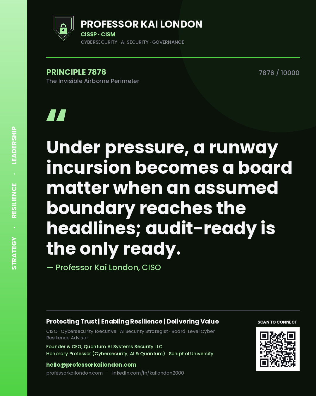Quote card by Professor Kai London reading 'Under pressure, a runway incursion becomes a board matter when an assumed boundary reaches the headlines; audit-ready is the only ready.'. From the book The Invisible Airborne Perimeter.