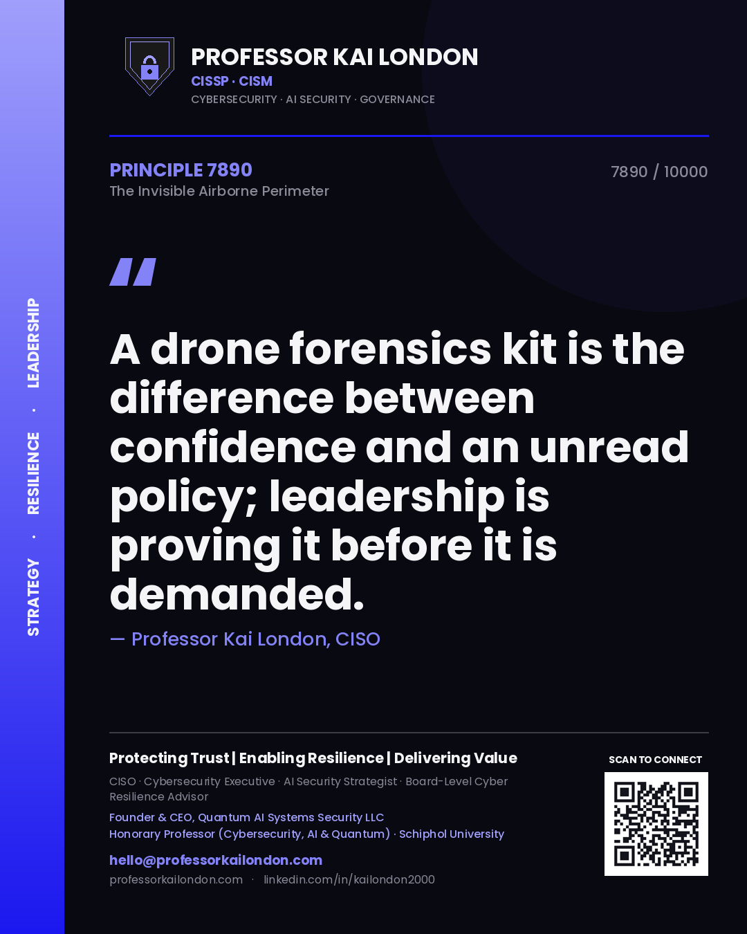 Quote card by Professor Kai London reading 'A drone forensics kit is the difference between confidence and an unread policy; leadership is proving it before it is demanded.'. From the book The Invisible Airborne Perimeter.