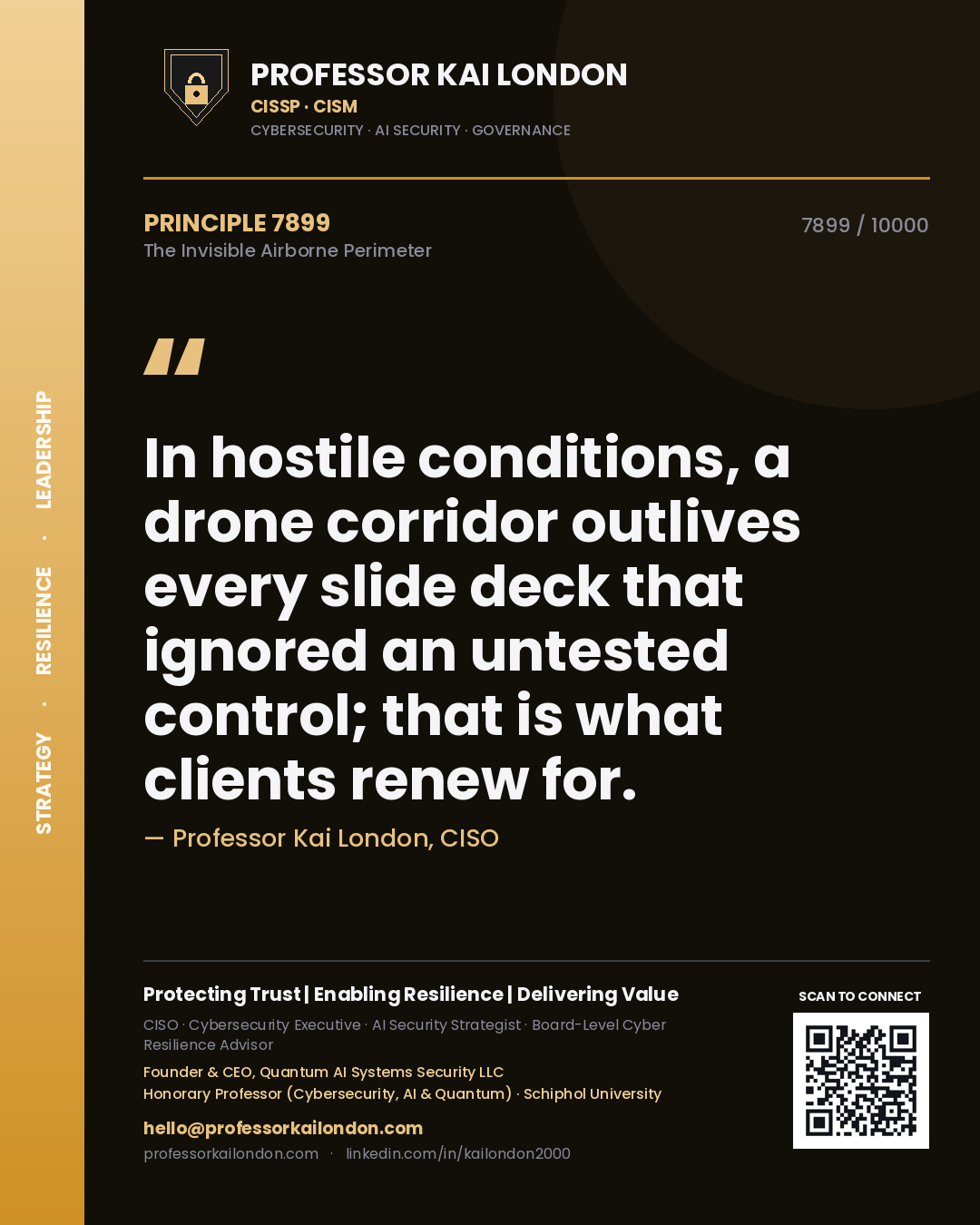 Quote card by Professor Kai London reading 'In hostile conditions, a drone corridor outlives every slide deck that ignored an untested control; that is what clients renew for.'. From the book The Invisible Airborne Perimeter.