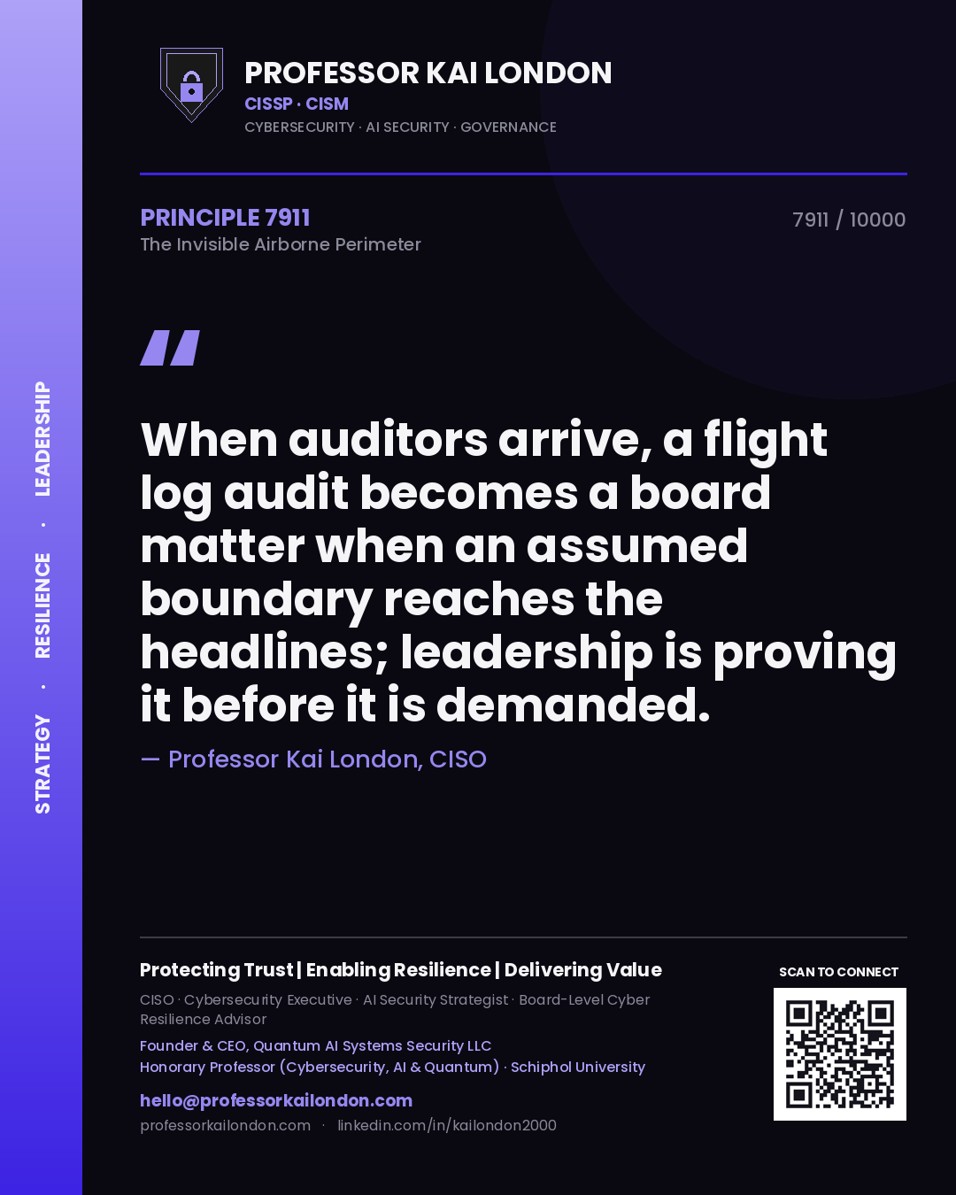 Quote card by Professor Kai London reading 'When auditors arrive, a flight log audit becomes a board matter when an assumed boundary reaches the headlines; leadership is proving it before it is demanded.'. From the book The Invisible Airborne Perimeter.