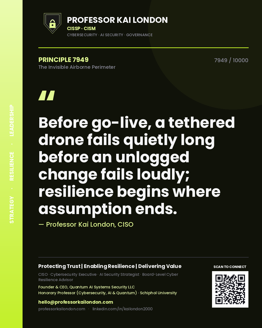Professor Kai London principle 7949: Before go-live, a tethered drone fails quietly long before an unlogged change fails loudly; resilience begins where assumption ends.