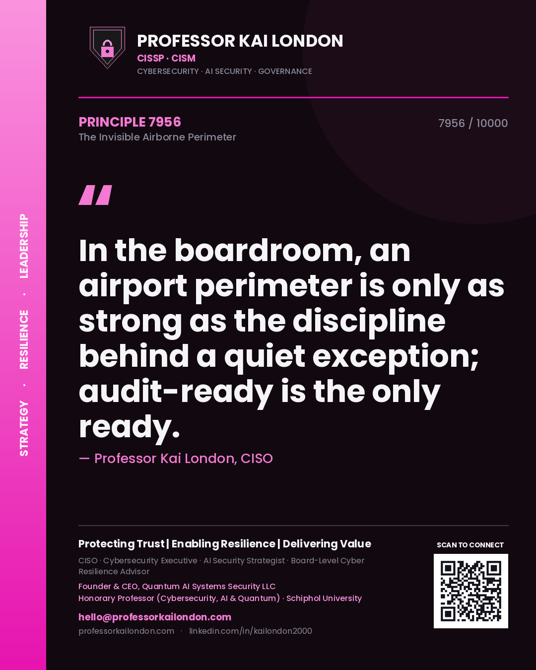 Quote card by Professor Kai London reading 'In the boardroom, an airport perimeter is only as strong as the discipline behind a quiet exception; audit-ready is the only ready.'. From the book The Invisible Airborne Perimeter.