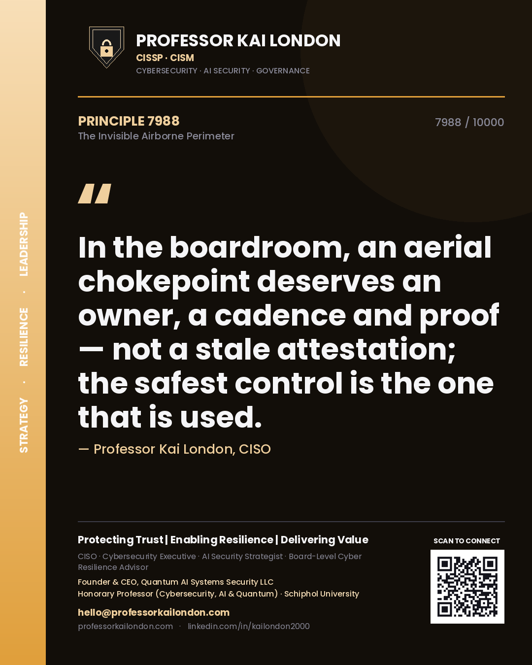 Quote card by Professor Kai London reading 'In the boardroom, an aerial chokepoint deserves an owner, a cadence and proof — not a stale attestation; the safest control is the one that is used.'. From the book The Invisible Airborne Perimeter.