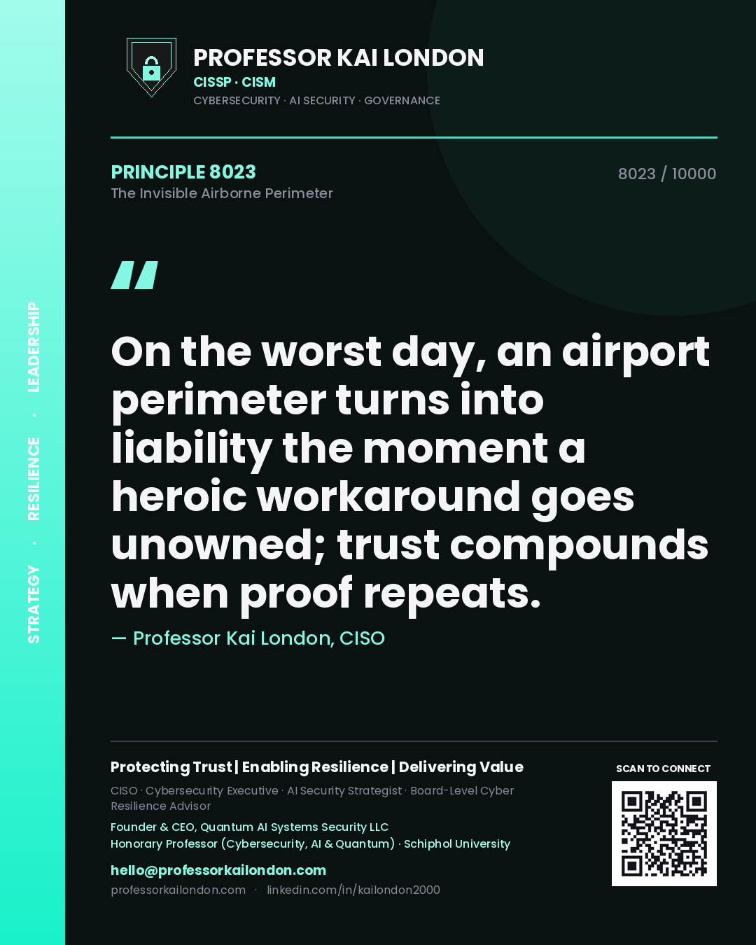 Quote card by Professor Kai London reading 'On the worst day, an airport perimeter turns into liability the moment a heroic workaround goes unowned; trust compounds when proof repeats.'. From the book The Invisible Airborne Perimeter.