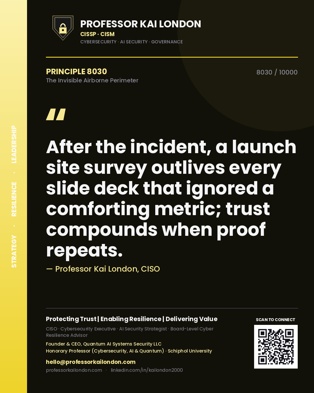 Quote card by Professor Kai London reading 'After the incident, a launch site survey outlives every slide deck that ignored a comforting metric; trust compounds when proof repeats.'. From the book The Invisible Airborne Perimeter.