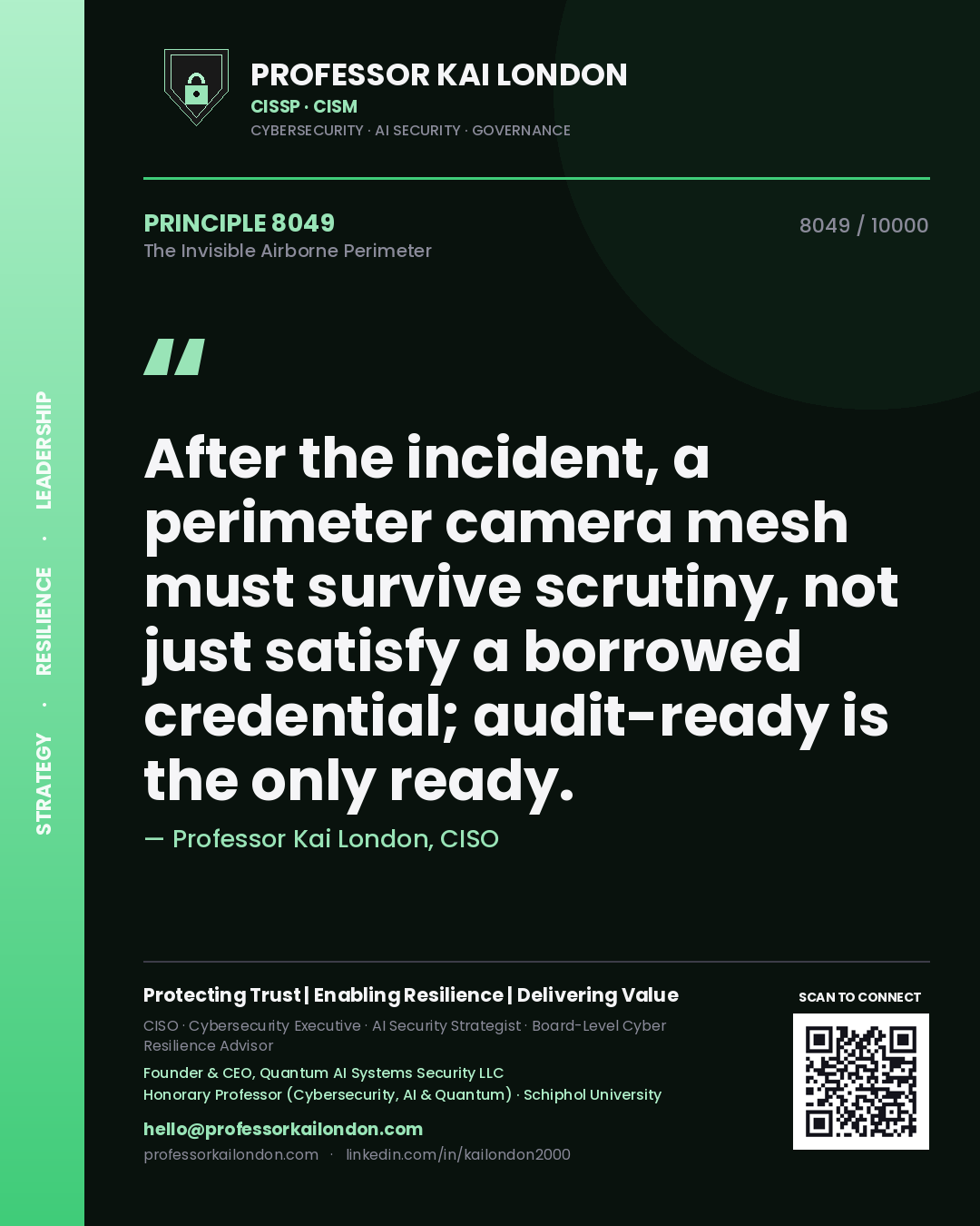 Quote card by Professor Kai London reading 'After the incident, a perimeter camera mesh must survive scrutiny, not just satisfy a borrowed credential; audit-ready is the only ready.'. From the book The Invisible Airborne Perimeter.