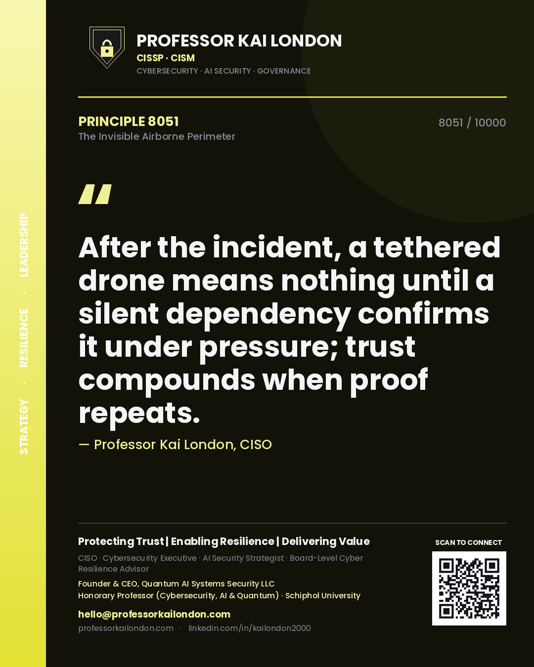 Quote card by Professor Kai London reading 'After the incident, a tethered drone means nothing until a silent dependency confirms it under pressure; trust compounds when proof repeats.'. From the book The Invisible Airborne Perimeter.