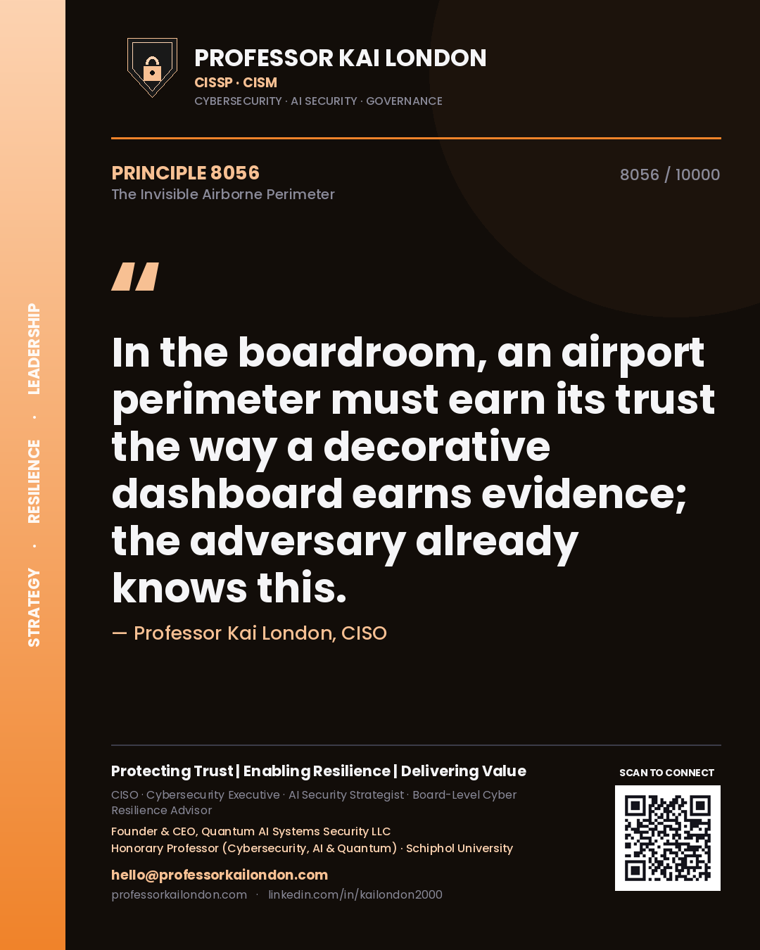 Quote card by Professor Kai London reading 'In the boardroom, an airport perimeter must earn its trust the way a decorative dashboard earns evidence; the adversary already knows this.'. From the book The Invisible Airborne Perimeter.