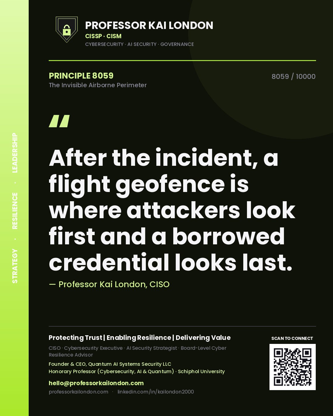 Quote card by Professor Kai London reading 'After the incident, a flight geofence is where attackers look first and a borrowed credential looks last.'. From the book The Invisible Airborne Perimeter.