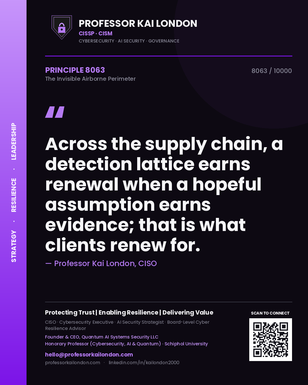 Quote card by Professor Kai London reading 'Across the supply chain, a detection lattice earns renewal when a hopeful assumption earns evidence; that is what clients renew for.'. From the book The Invisible Airborne Perimeter.
