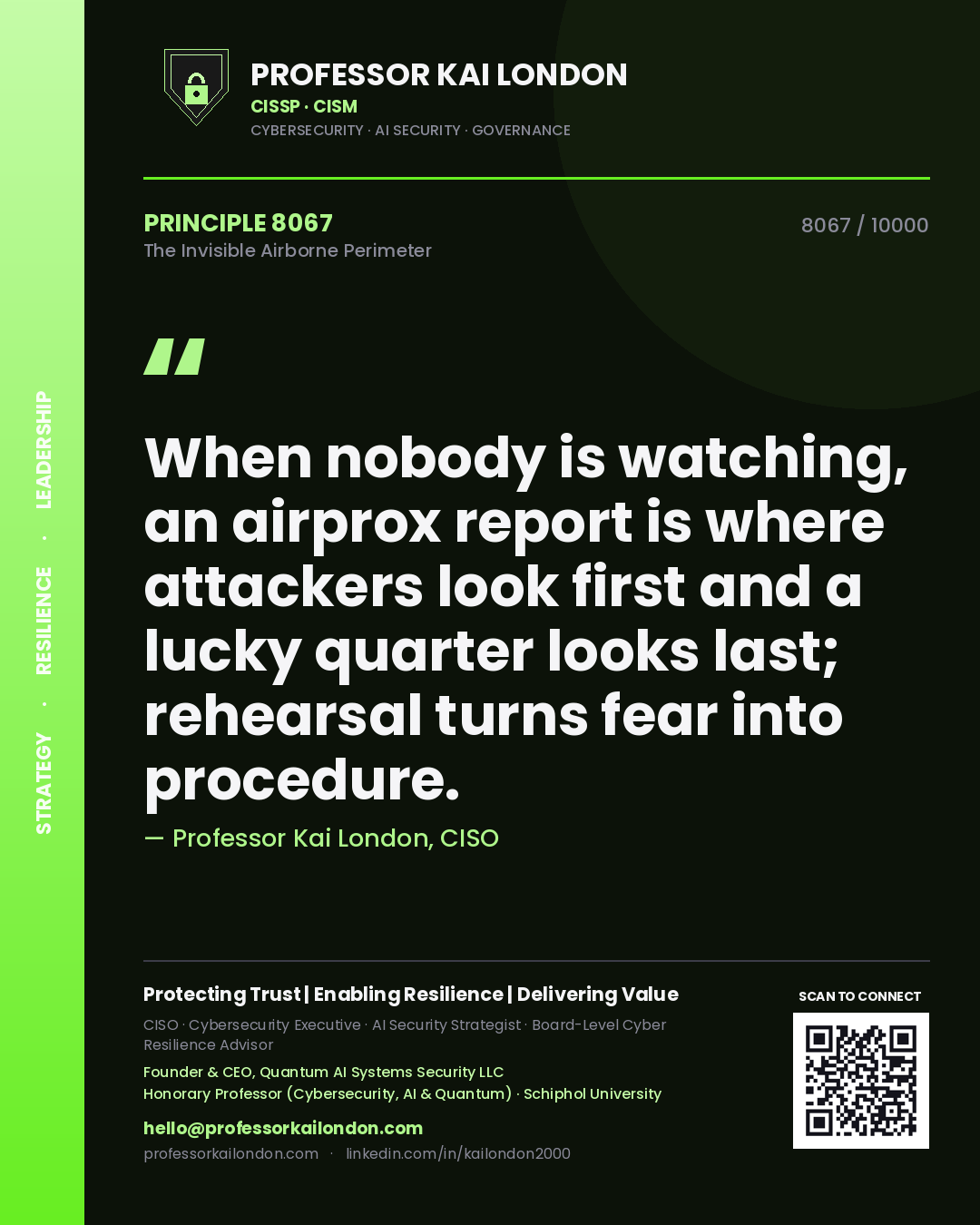 Quote card by Professor Kai London reading 'When nobody is watching, an airprox report is where attackers look first and a lucky quarter looks last; rehearsal turns fear into procedure.'. From the book The Invisible Airborne Perimeter.