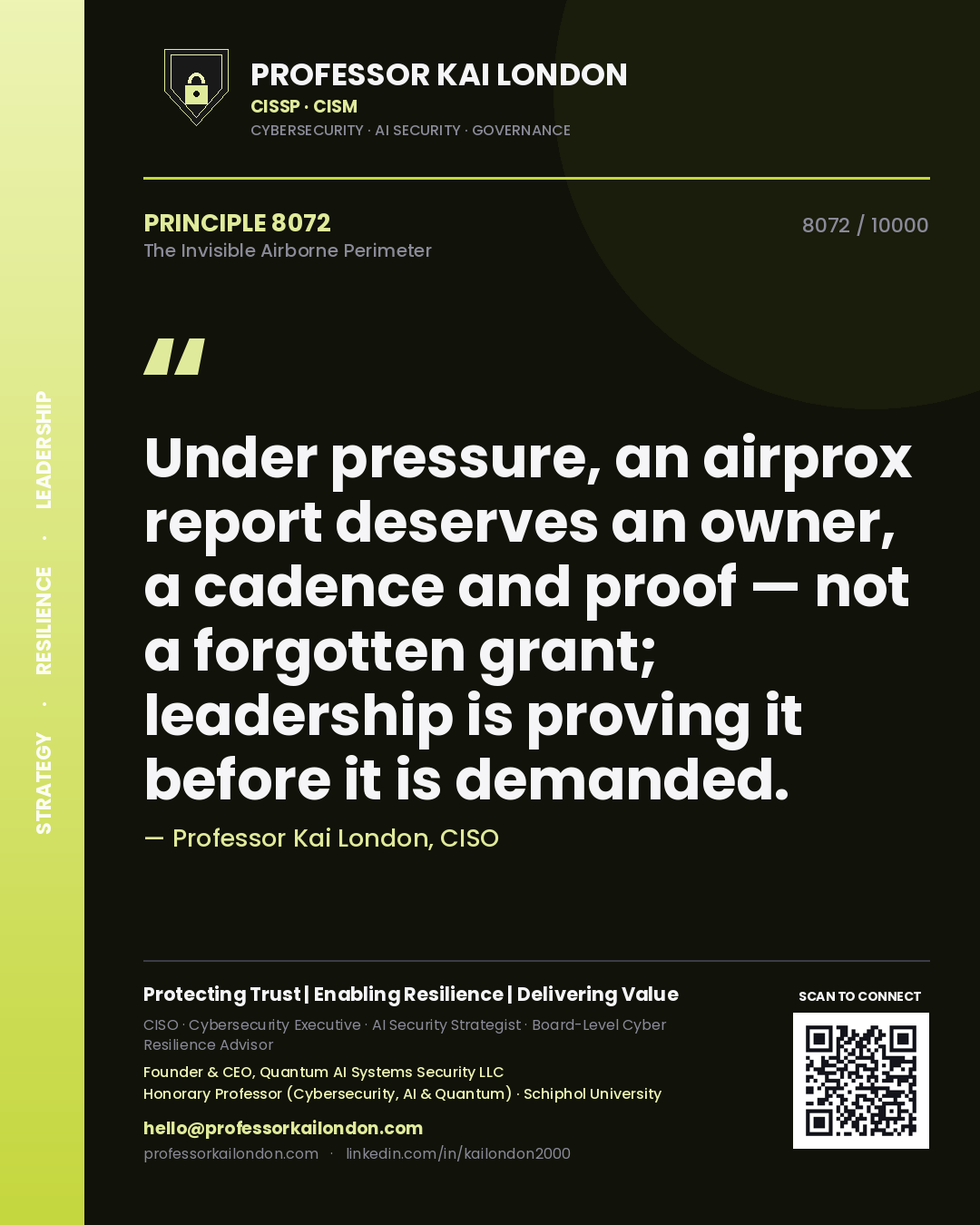 Quote card by Professor Kai London reading 'Under pressure, an airprox report deserves an owner, a cadence and proof — not a forgotten grant; leadership is proving it before it is demanded.'. From the book The Invisible Airborne Perimeter.