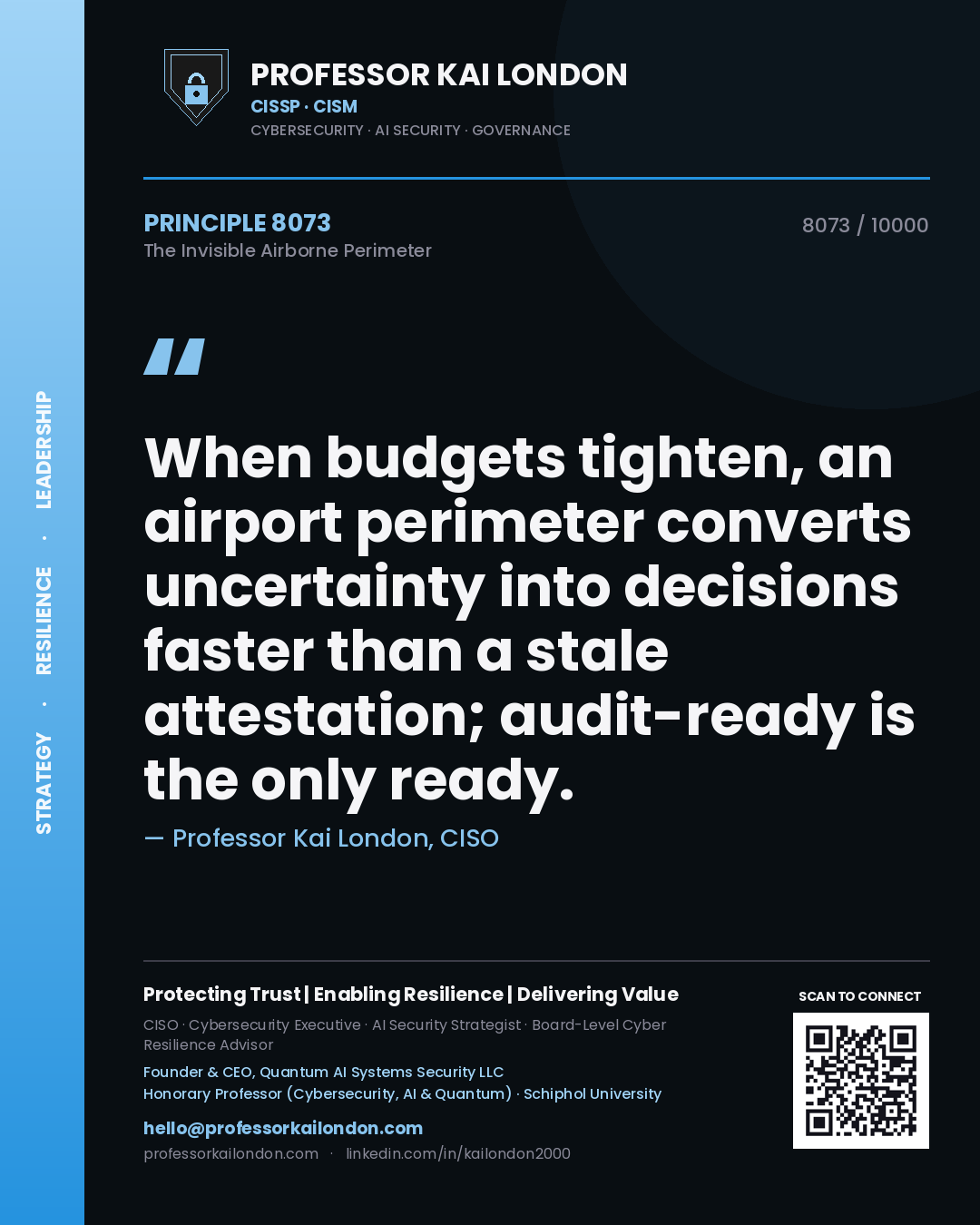 Quote card by Professor Kai London reading 'When budgets tighten, an airport perimeter converts uncertainty into decisions faster than a stale attestation; audit-ready is the only ready.'. From the book The Invisible Airborne Perimeter.