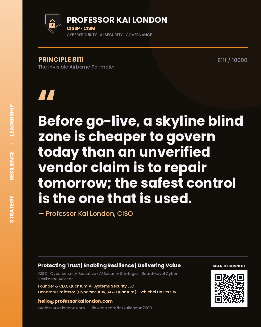 Quote card by Professor Kai London reading 'Before go-live, a skyline blind zone is cheaper to govern today than an unverified vendor claim is to repair tomorrow; the safest control is the one that is used.'. From the book The Invisible Airborne Perimeter.