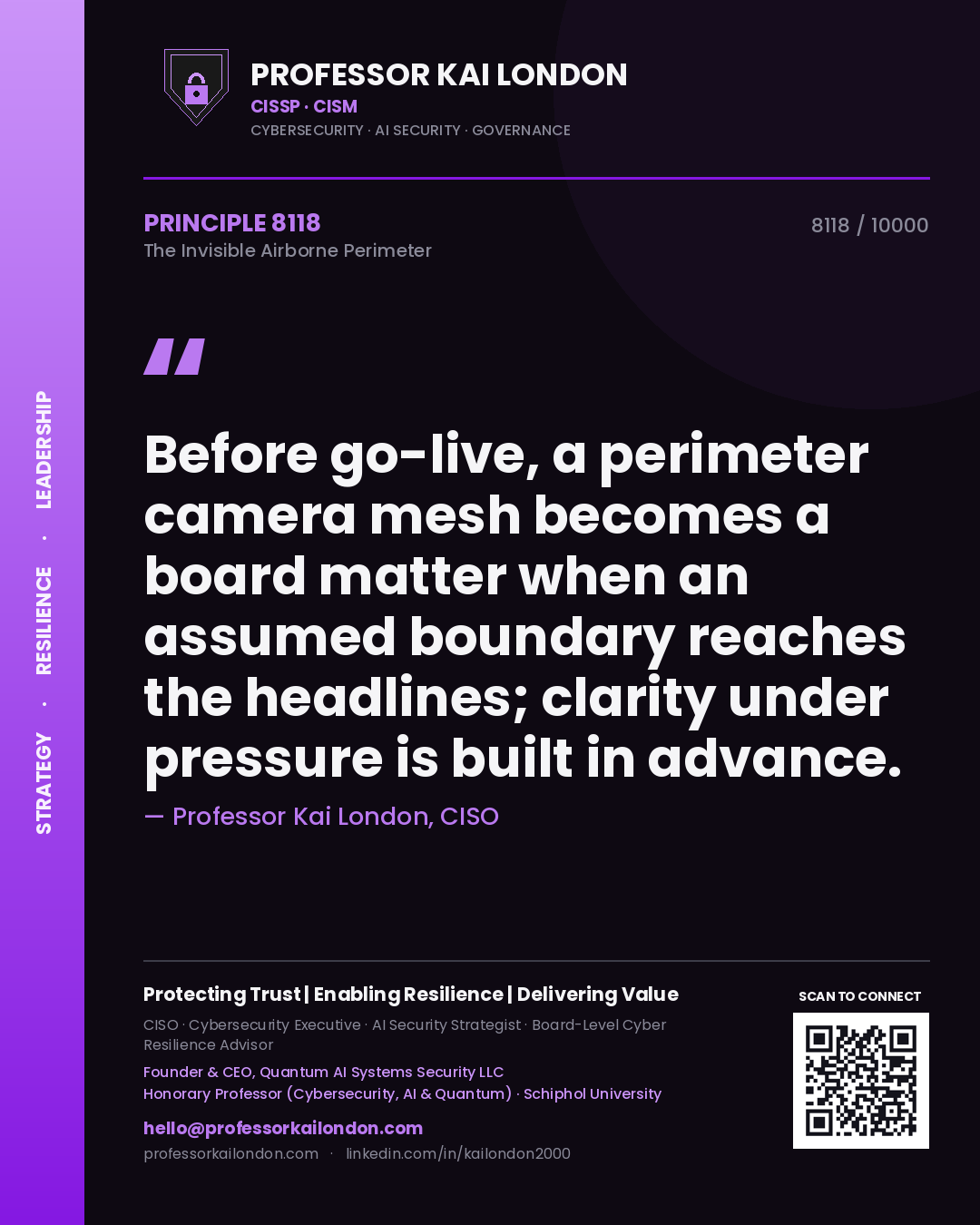 Quote card by Professor Kai London reading 'Before go-live, a perimeter camera mesh becomes a board matter when an assumed boundary reaches the headlines; clarity under pressure is built in advance.'. From the book The Invisible Airborne Perimeter.