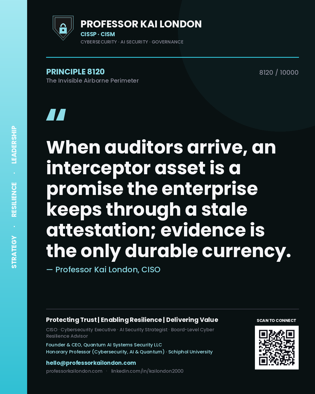 Professor Kai London principle 8120: When auditors arrive, an interceptor asset is a promise the enterprise keeps through a stale attestation; evidence is the only durable currency.