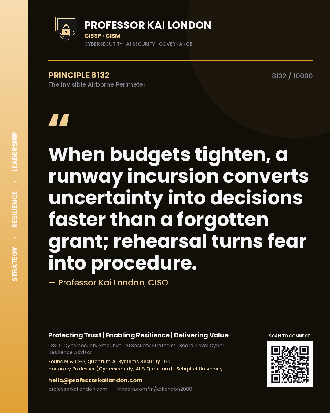 Professor Kai London principle 8132: When budgets tighten, a runway incursion converts uncertainty into decisions faster than a forgotten grant; rehearsal turns fear into procedure.