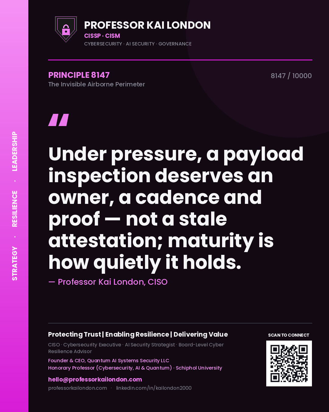 Quote card by Professor Kai London reading 'Under pressure, a payload inspection deserves an owner, a cadence and proof — not a stale attestation; maturity is how quietly it holds.'. From the book The Invisible Airborne Perimeter.