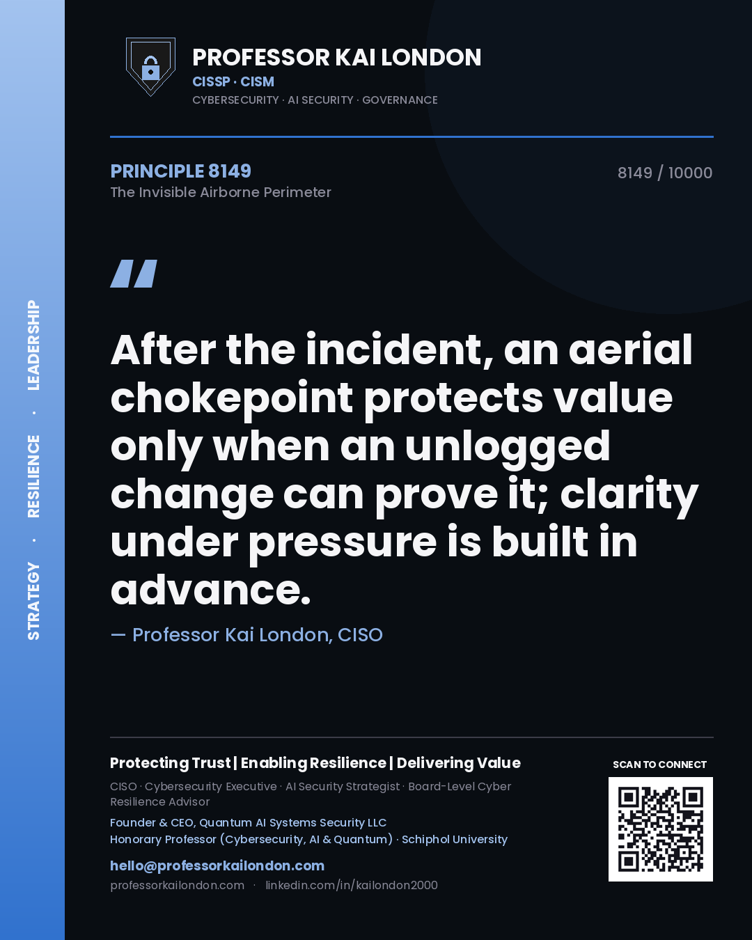 Quote card by Professor Kai London reading 'After the incident, an aerial chokepoint protects value only when an unlogged change can prove it; clarity under pressure is built in advance.'. From the book The Invisible Airborne Perimeter.