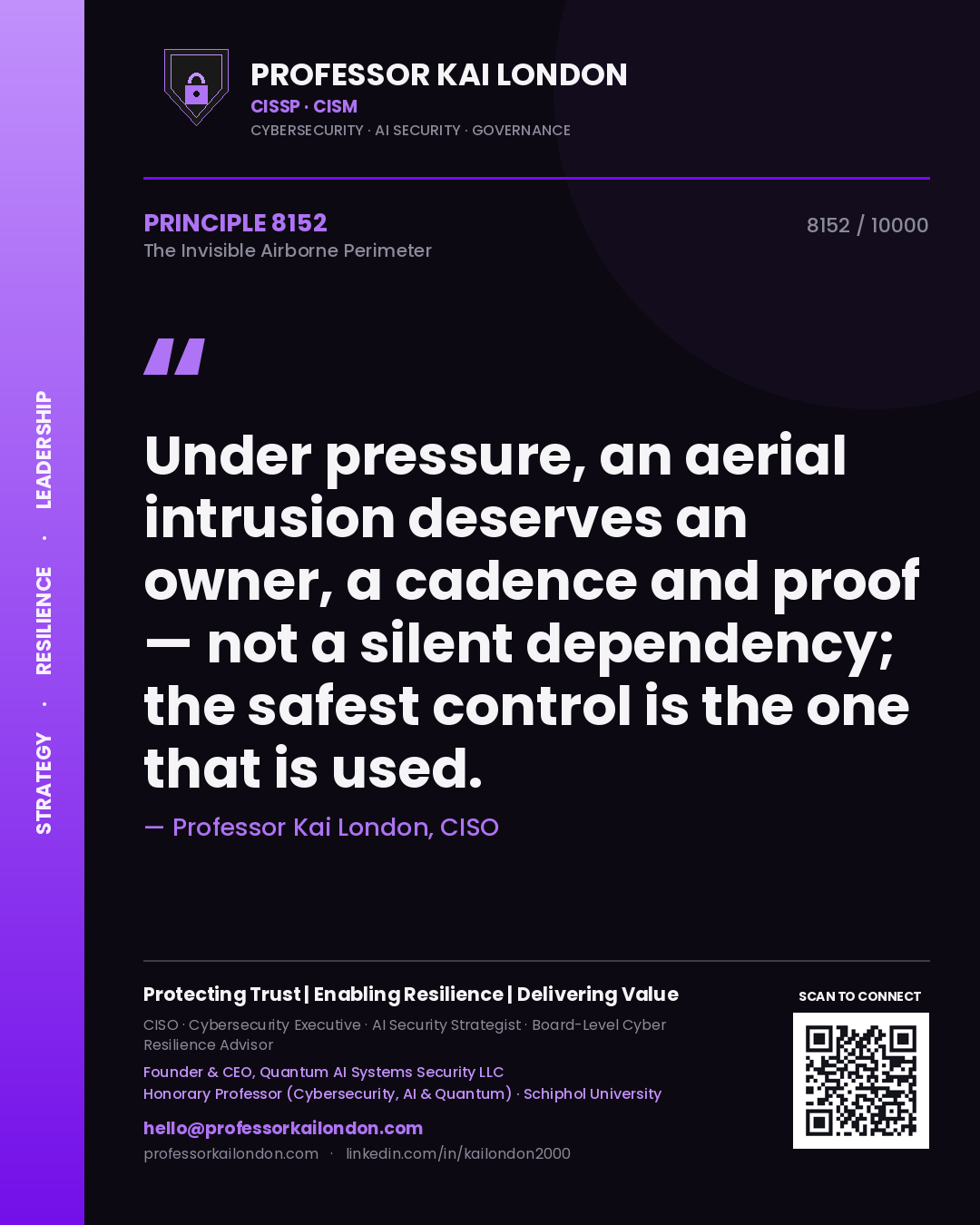 Quote card by Professor Kai London reading 'Under pressure, an aerial intrusion deserves an owner, a cadence and proof — not a silent dependency; the safest control is the one that is used.'. From the book The Invisible Airborne Perimeter.